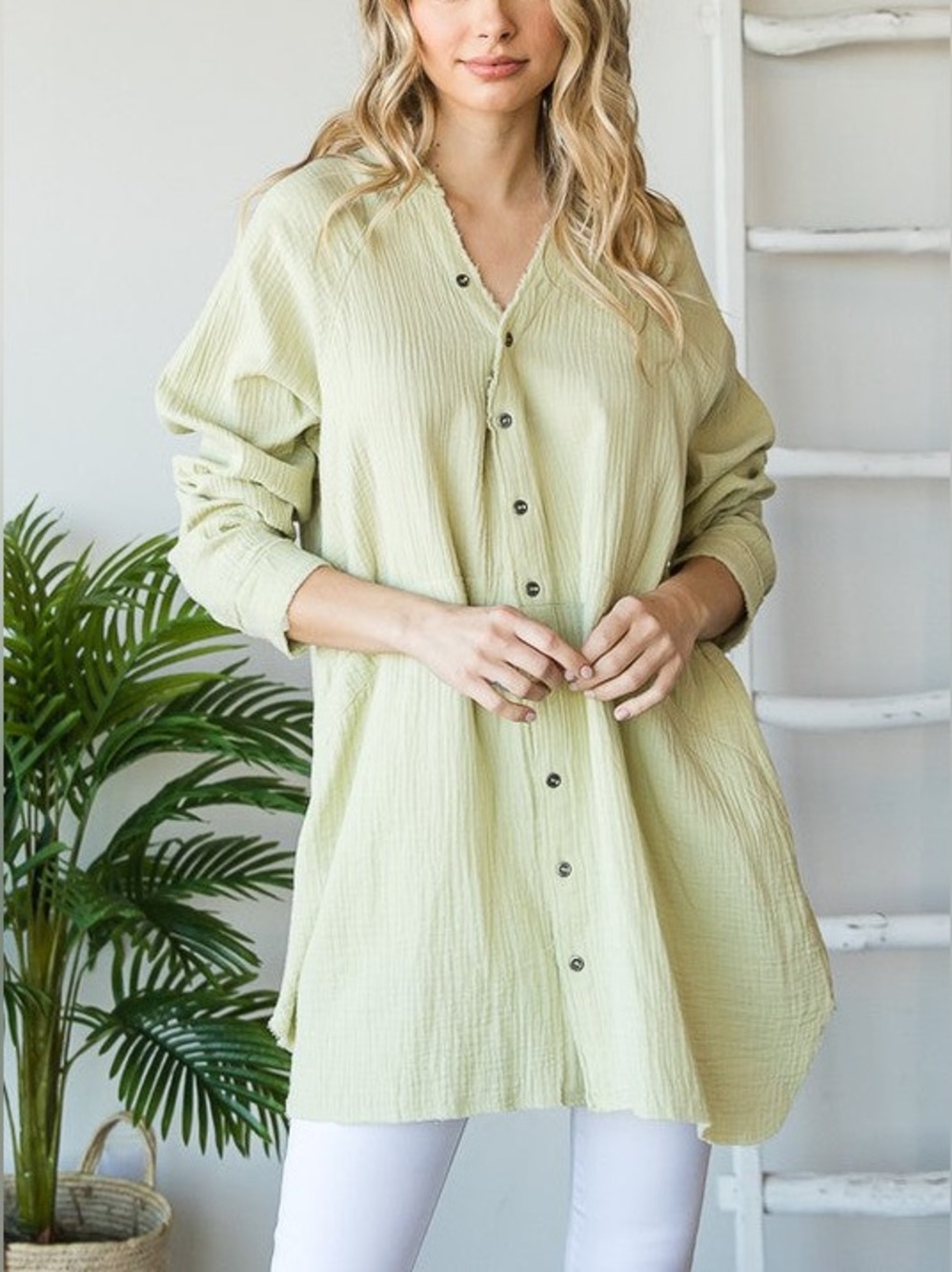 Oli & Hali Washed V Neck Button Down Front Gauze Cotton Shirt Green Tea Large